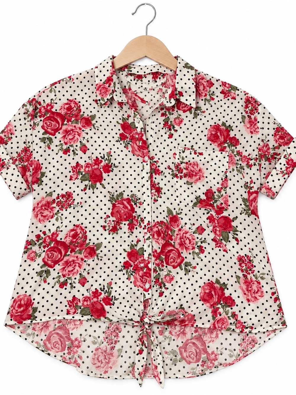No Boundaries XXL Floral Polka Dot Tie-Front Button-Down Blouse